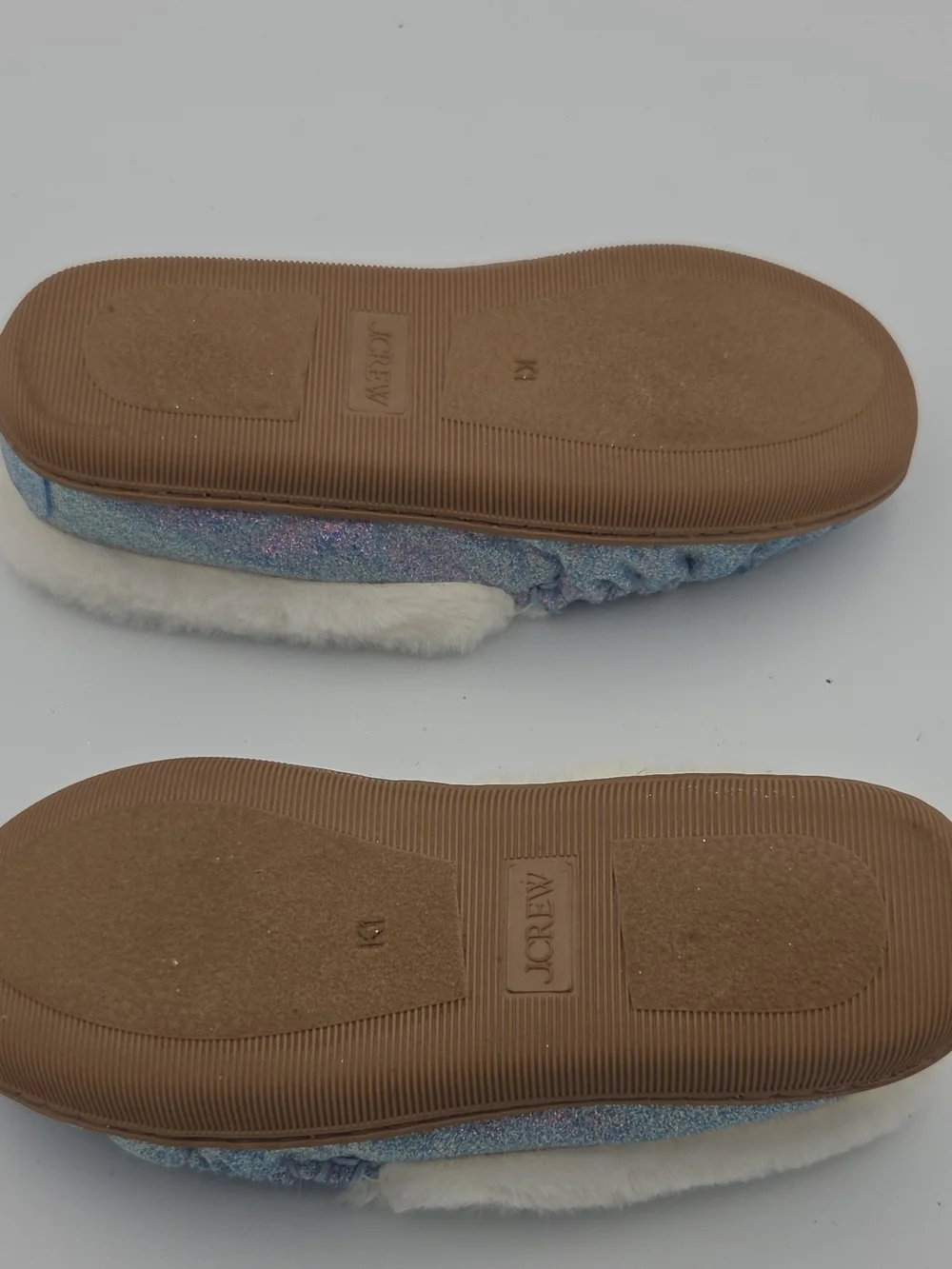 J. Crew Iridescent Blue Glitter Fur-Lined Moccasin Slippers Girl's Size 1